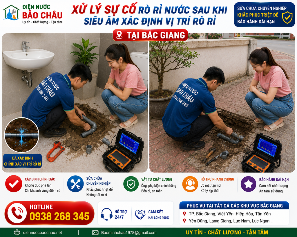 Thợ đang xử lý sự cố nước rò rỉ ngầm tại Bắc Giang