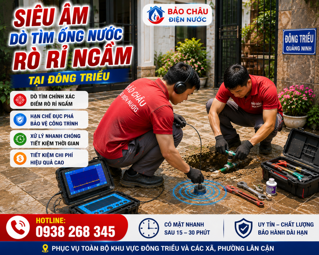 Thợ đang xử lý sự cố đường ống nước sạch rò rỉ âm sàn tại Đông Triều