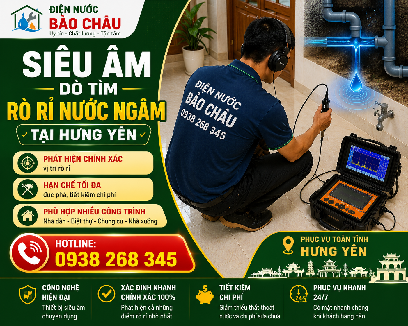 Siêu Âm Dò Tìm Rò Rỉ Nước Ngầm Tại Hưng Yên Uy Tín, Chính Xác, Hạn Chế Tối Đa Đục Phá